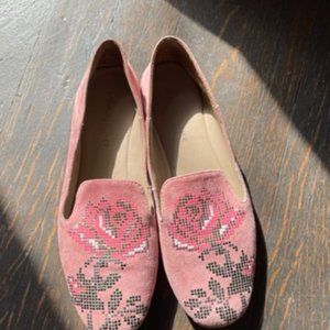 Donald J. Pliner Pink Suede Rose Floral Hiro Embellished Flats